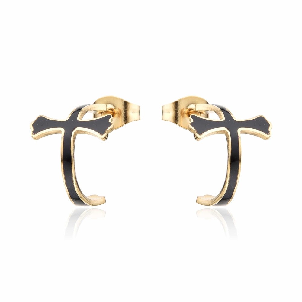 Σκουλαρικι Επιχρυσο Με Μαυρο Σμαλτο Stainless Steel 316L