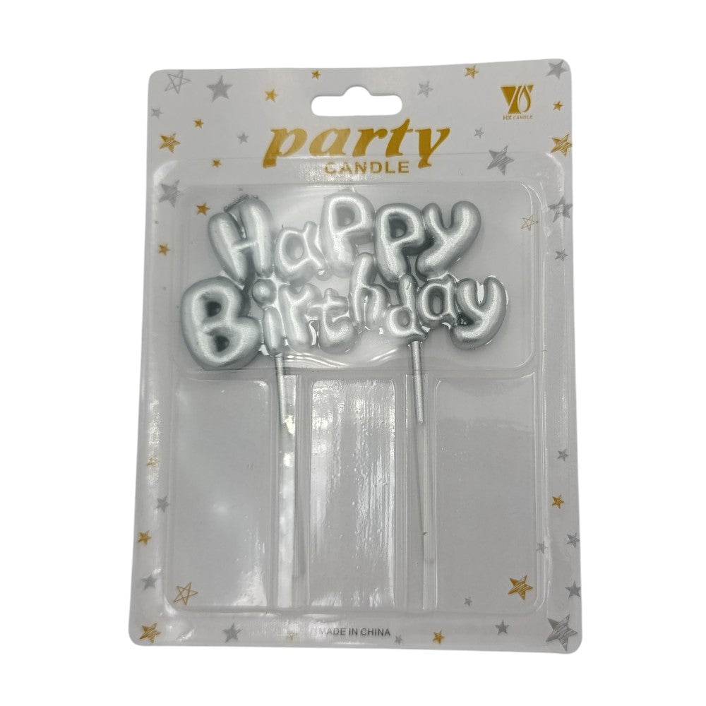 Κερί Τούρτας Γενεθλίων Happy Birthday Ασημί