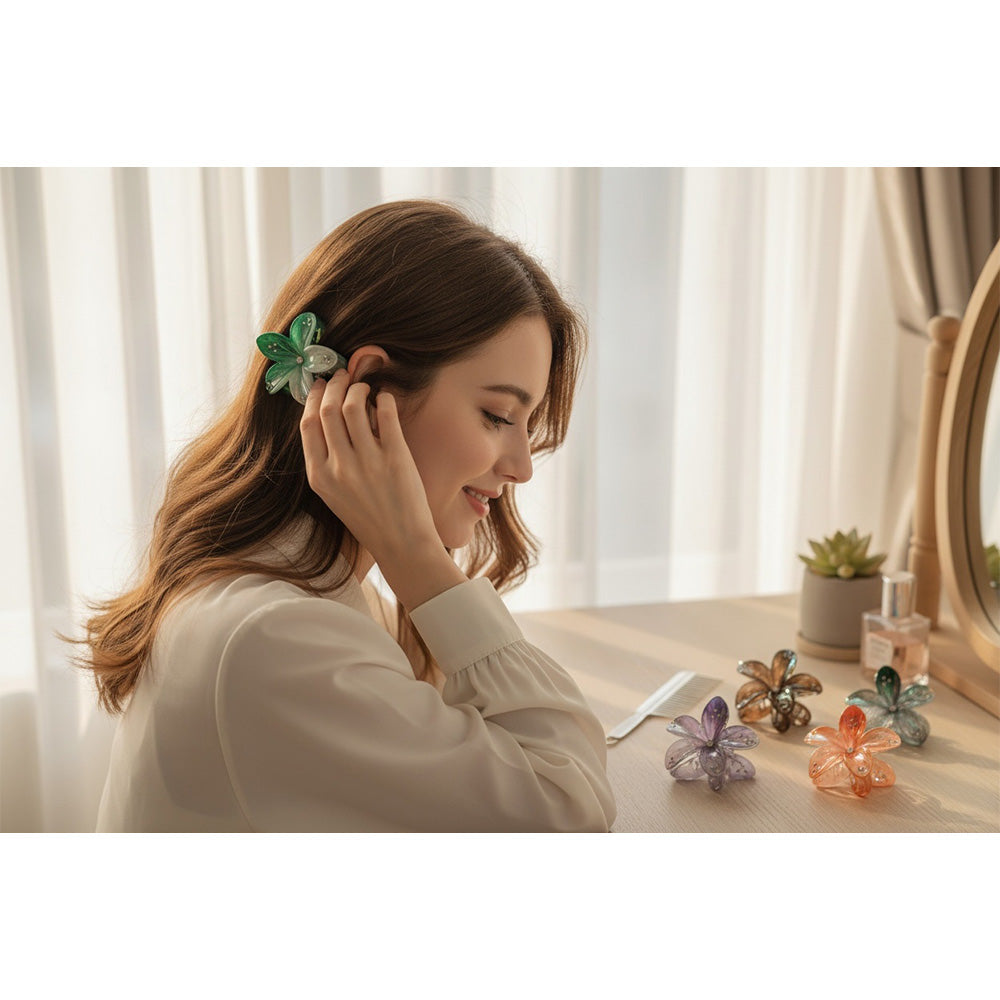 Κλάμερ Μαλλιών Λουλούδι 8 εκ Πολύχρωμο Μεταλλιζέ με Στρας – 6 Χρώματα (1 Τμχ)