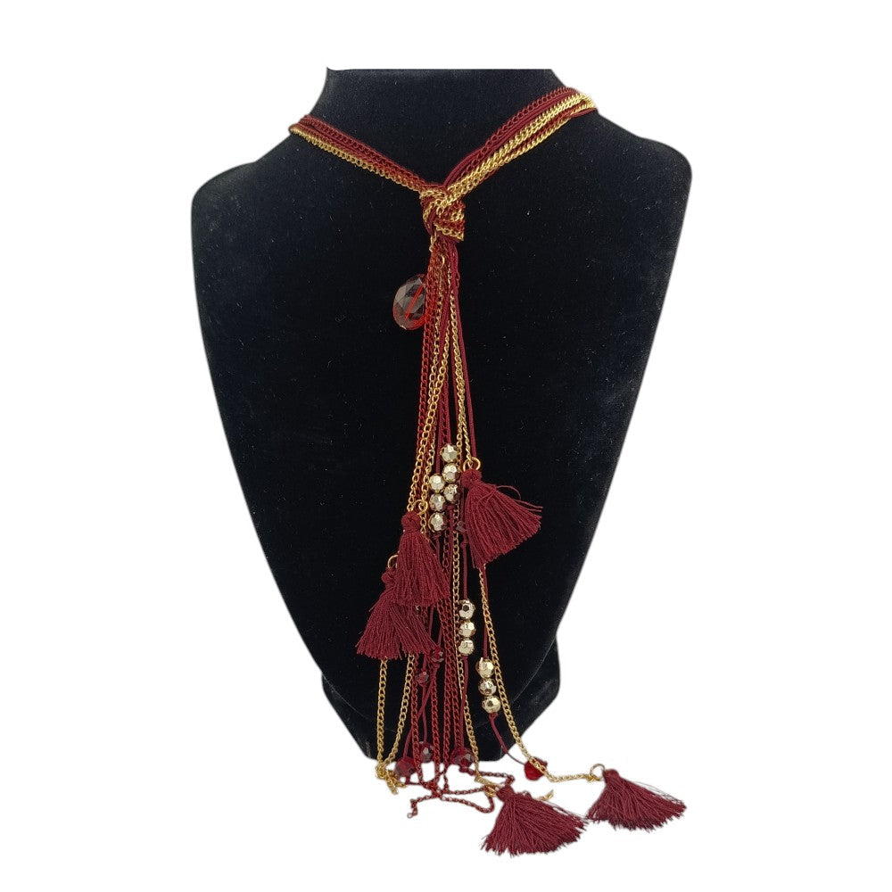 Κολιέ Με Χρυσές & Μπορντό Αλυσίδες, Κρεμαστές Φουντίτσες & Πετράδια