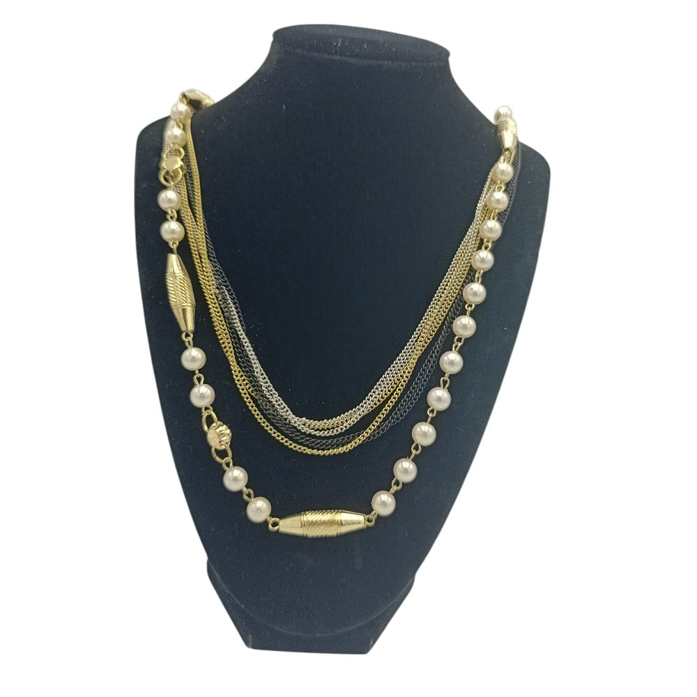 Κολιέ Μακρύ Με Τρίχρωμη Αλυσίδα & Πέρλες