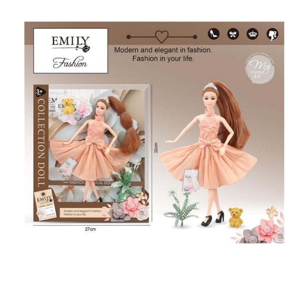 Κούκλα Μανεκέν Emily Με Ροζ-Nude Φόρεμα & Αρκουδάκι 29 εκ