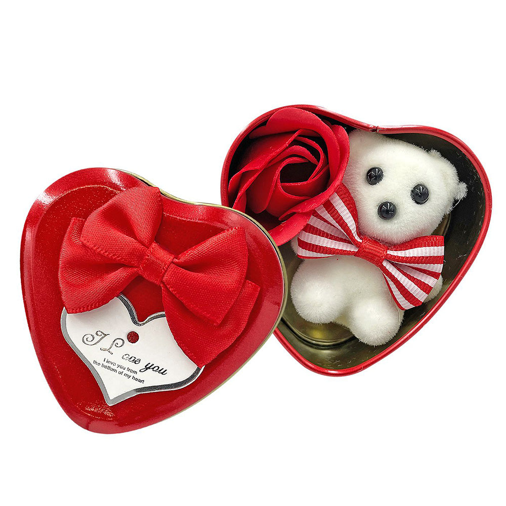 Κουτί Καρδιά Μικρό με 1 Τριαντάφυλλο & Αρκούδο 7×7×4 εκ