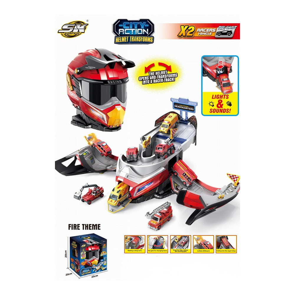 Κράνος Μπαταρίας Που Γίνεται Γκαράζ Με Φώτα Ήχο Και 2 Αυτοκινητάκια