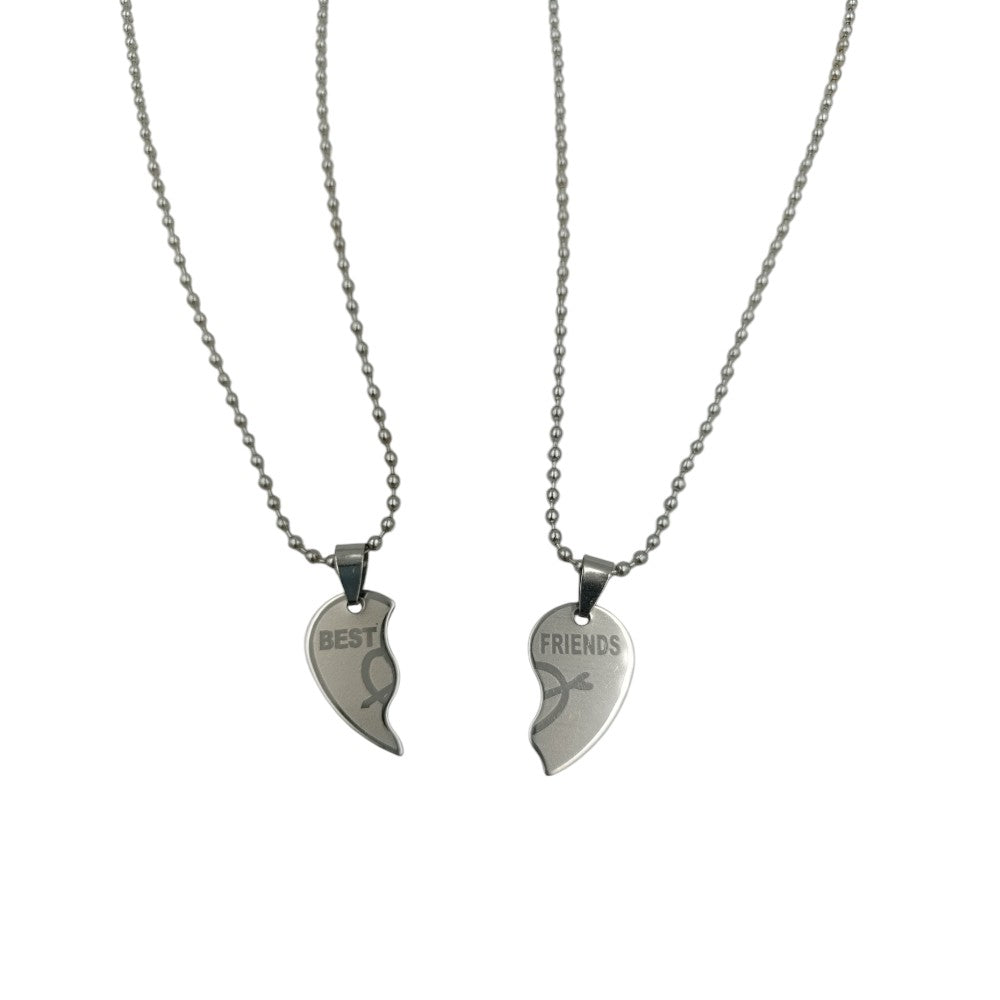 Κρεμαστά Λαιμού Stainless Steel Ασημί Καρδιά Χωρισμένη Στη Μέση "Best Friends"
