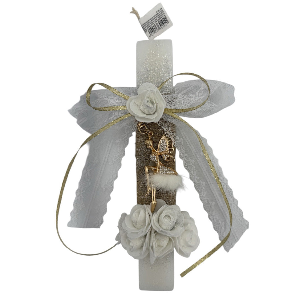 Λαμπάδα Χειροποίητη Πλακέ Αρωματική Νεράιδα Λευκή  Μπρελόκ με Λουλουδάκια & Glitter