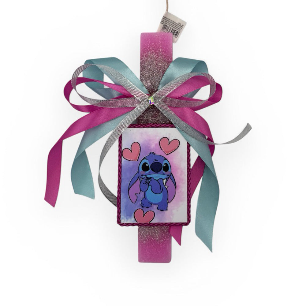 Λαμπάδα Χειροποίητη Πλακέ Αρωματική Stitch με Καρδούλες – Καδράκι με Glitter & Στρας