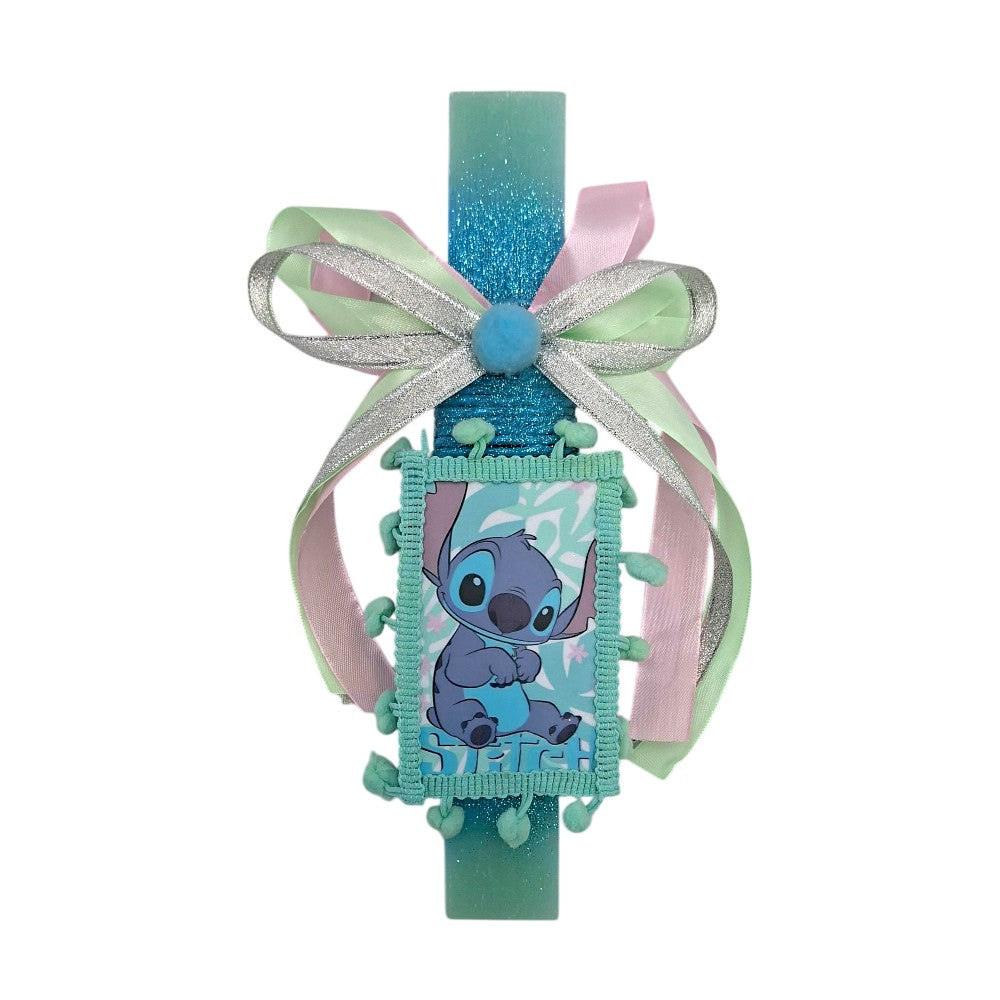 Λαμπάδα Χειροποίητη Πλακέ Αρωματική Stitch Βεραμάν με Πομ-πομ σε Καδράκι - 25 εκ