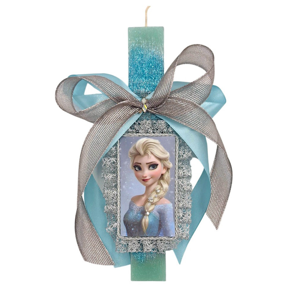Λαμπάδα Χειροποίητη Πλακέ Αρωματική Frozen Elsa σε Καδράκι με Δαντέλα και Κρύσταλα - 25 εκ