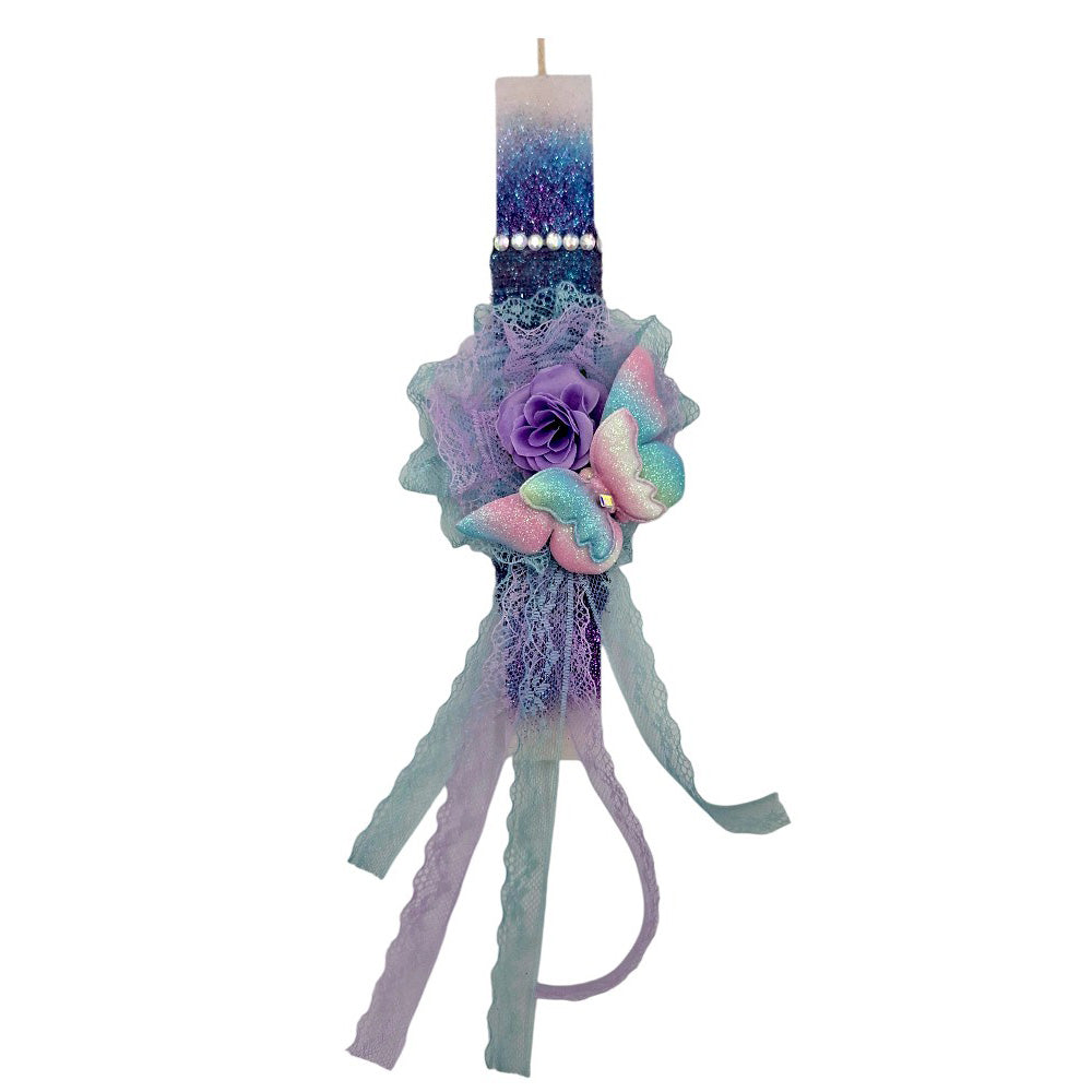 Λαμπάδα Χειροποίητη Πλακέ Αρωματική Κλιπ Πεταλούδα με Glitter και Κορδέλα - 25 εκ