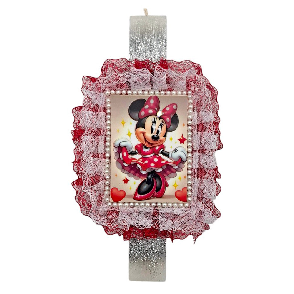 Λαμπάδα Χειροποίητη Πλακέ Αρωματική Minnie Mouse σε Καδράκι με Λευκή-Κόκκινη Δεντέλα - 25 εκ