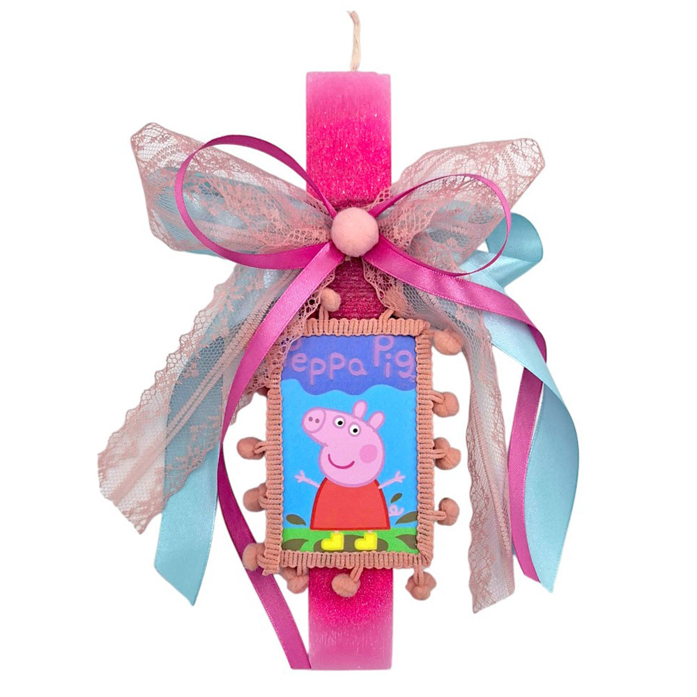 Λαμπάδα Χειροποίητη Πλακέ Αρωματική Peppa Pig σε Καδράκι με Πομ-Πομ - 25 εκ