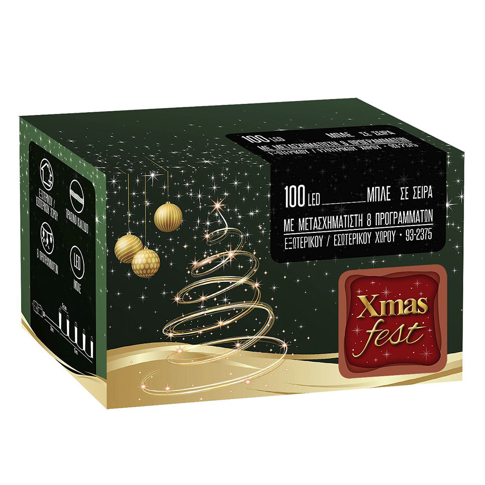 100 Λαμπάκια Led Μπλε Σε Σειρά Με Προγράμματα IP44 8,2m