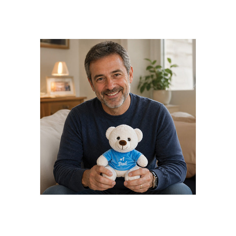 Λούτρινο Αρκουδάκι Λευκό με Μπλε Μπλουζάκι Dad 20 εκ