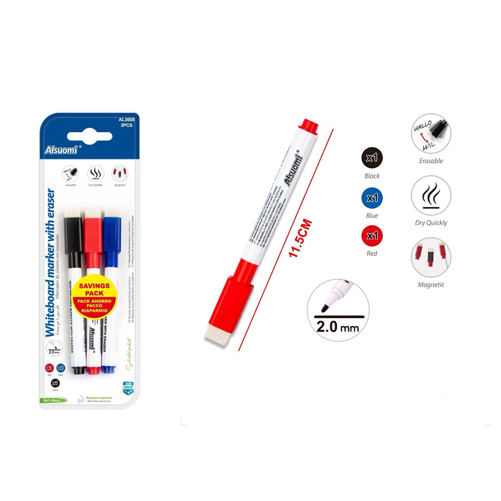 Μαρκαδοράκια Ασπροπίνακα Με Σφουγγάρι Διόρθωσης 3Τμχ