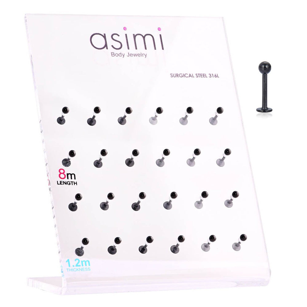 Asimi Μαύρο Σκουλαρίκι Χειλιού 1,2 mm Από Χειρουργικό Ατσάλι 316L με Μπίλια - 1 Τμχ