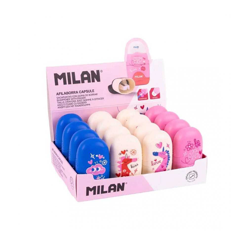 Milan Ξύστρα Και Γόμα Capsule Flowicorn σε 4 Σχέδια - 1 Τμχ