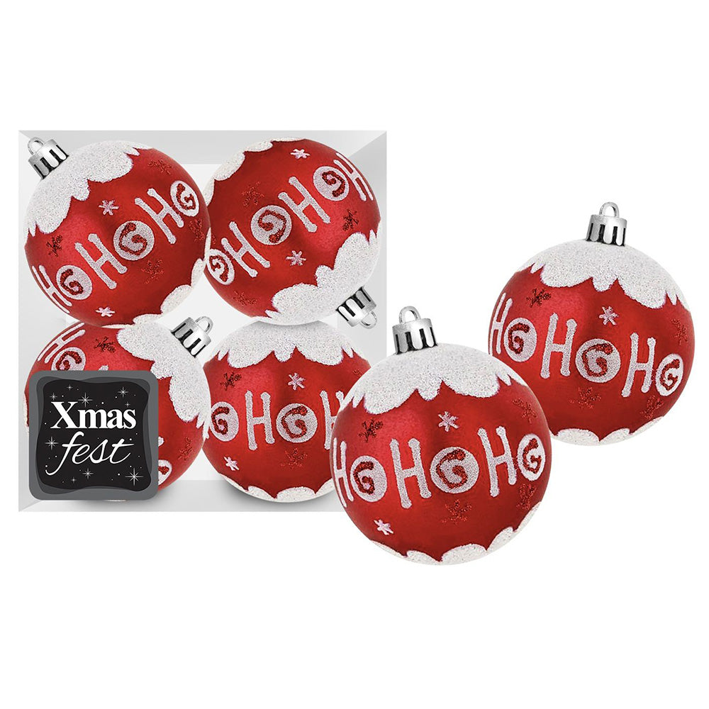 Χριστουγεννιάτικες Μπάλες Ντεκόρ Κόκκινες “Ho Ho Ho” – Σετ 4 Τεμαχίων Ø10cm
