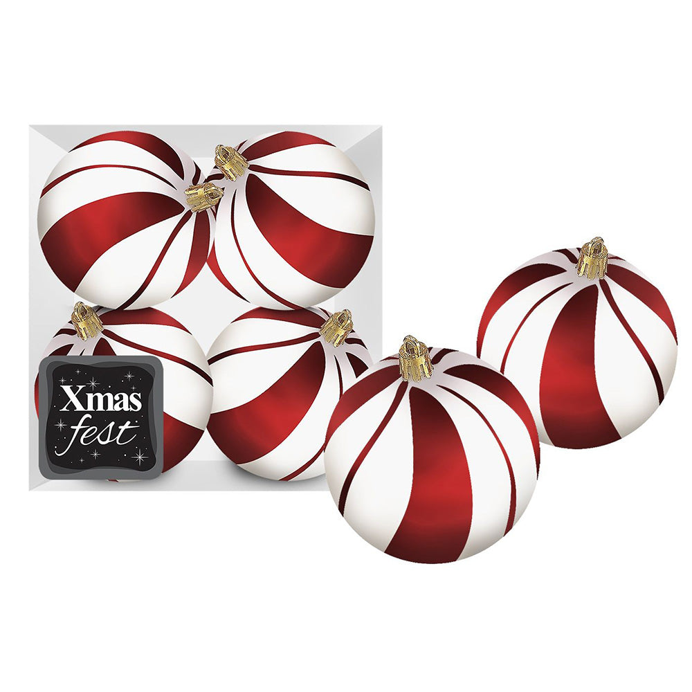 Χριστουγεννιάτικες Μπάλες Λευκές με Κόκκινες Ρίγες – Σετ 4 τεμαχίων (Ø10cm)