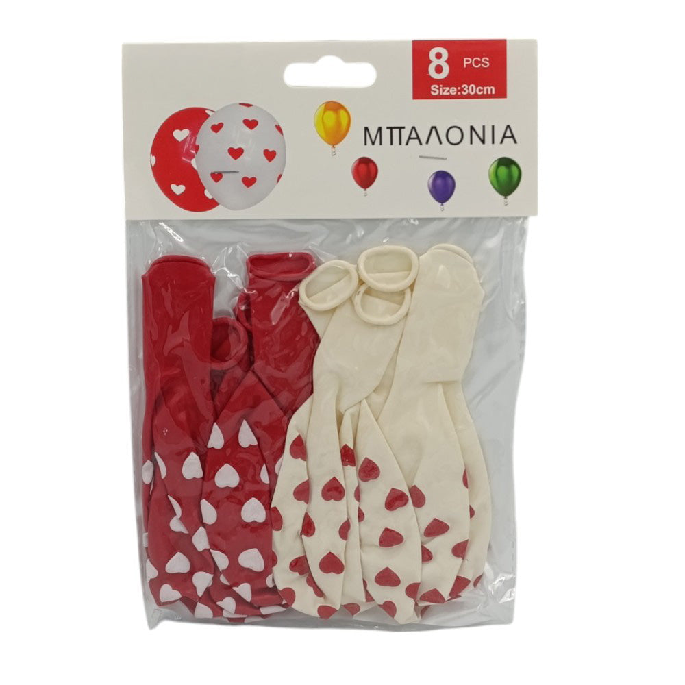 Μπαλόνια Με Καρδιές Λευκά- Κόκκινα 8Τμχ 30εκ