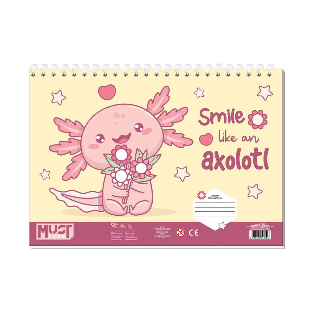 Must Team Axolotl Μπλοκ Ζωγραφικής με Αυτοκόλλητα & Στένσιλ σε 2 Σχέδια- 1τμχ