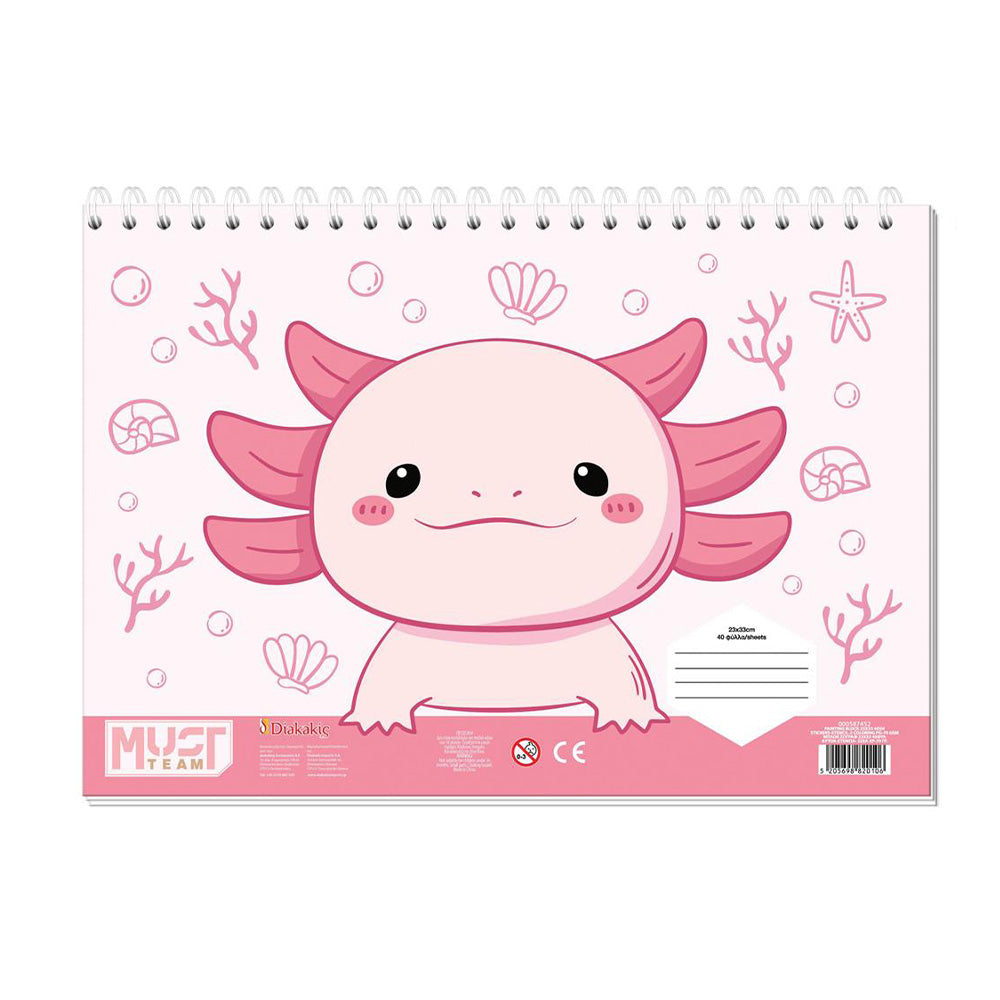 Must Team Axolotl Μπλοκ Ζωγραφικής με Αυτοκόλλητα & Στένσιλ σε 2 Σχέδια- 1τμχ