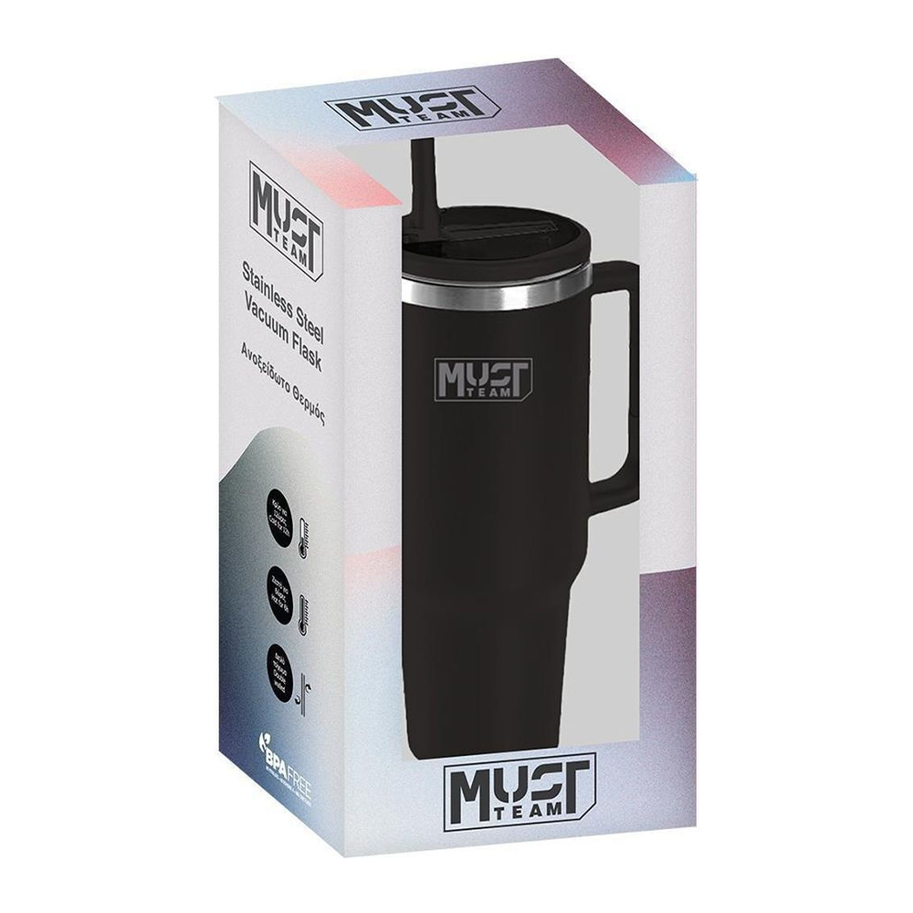 Must Team Ποτήρι Θερμός Ανοξείδωτο Μαύρο 1200ml με Καλαμάκι & Λαβή