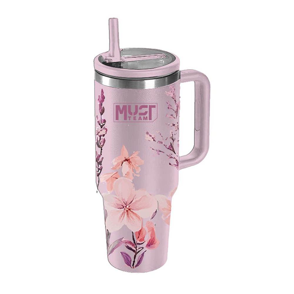 Must Team Ποτήρι Θερμός Ανοξείδωτο Ροζ Φλοράλ 1200ml με Καλαμάκι & Λαβή