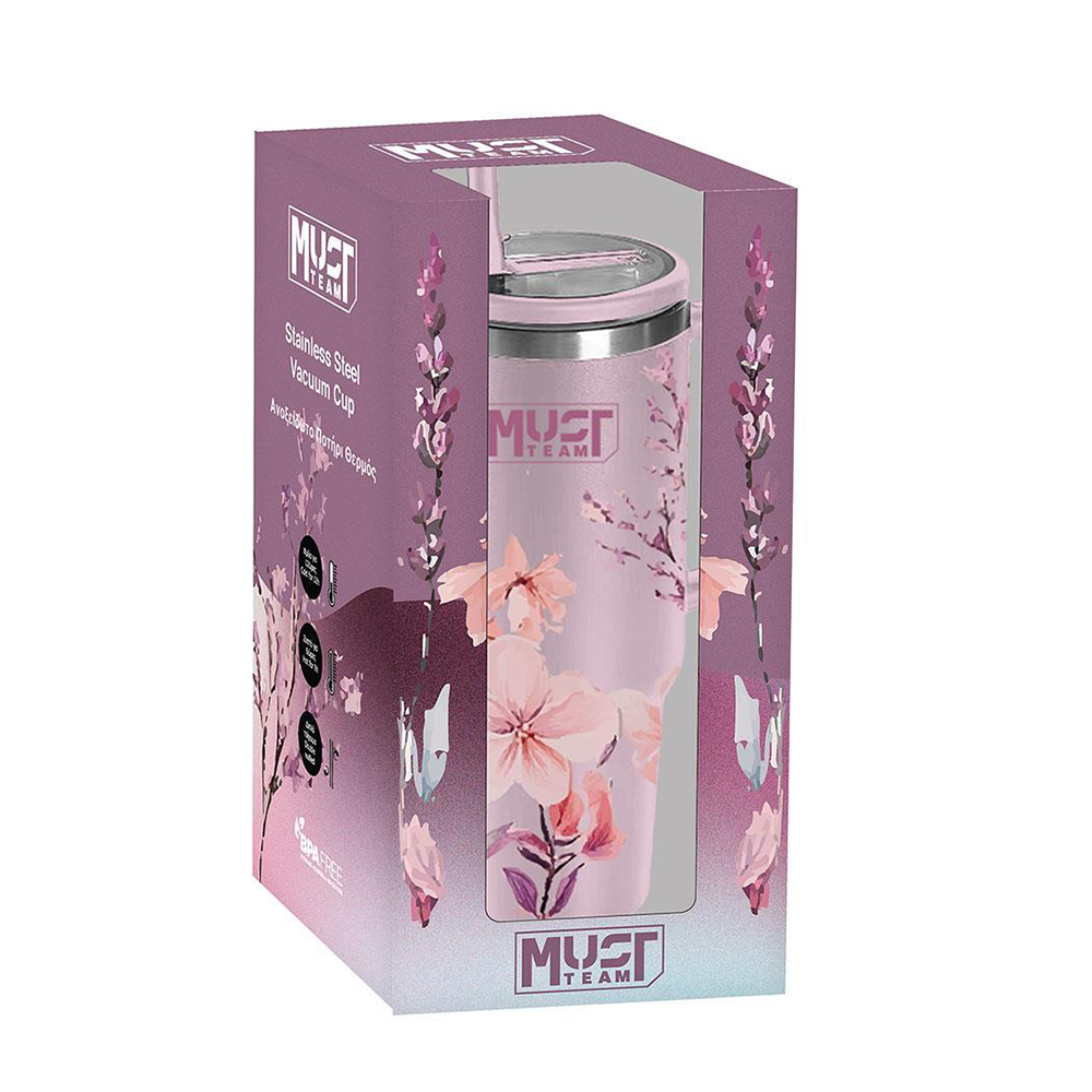 Must Team Ποτήρι Θερμός Ανοξείδωτο Ροζ Φλοράλ 1200ml με Καλαμάκι & Λαβή