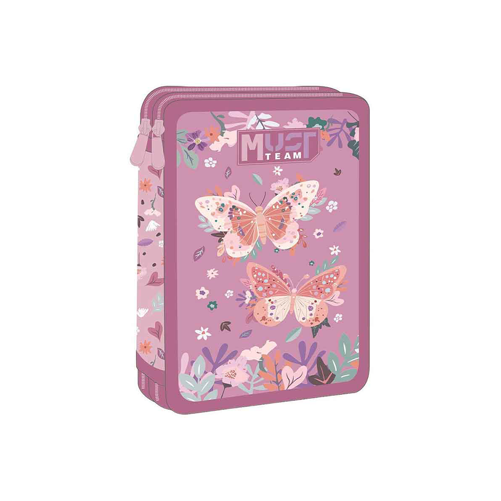 Must Team Σχολική Κασετίνα Διπλή Γεμάτη Butterflies Lilac