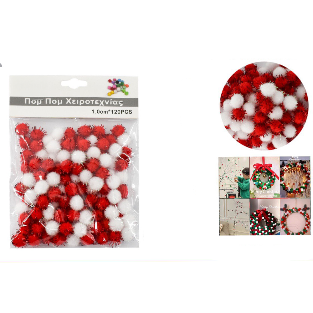 OEMPom Pom Χειροτεχνίας Άσπρα / Κόκκινα Tinsel 1.0 Εκ 120 Τμχpapell.gr