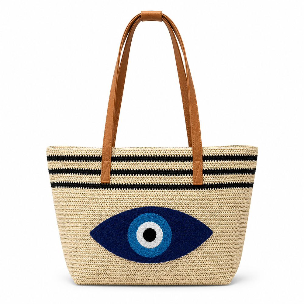 Ψάθινη Τσάντα Θαλάσσης Evil Eye 46x36x14 εκ