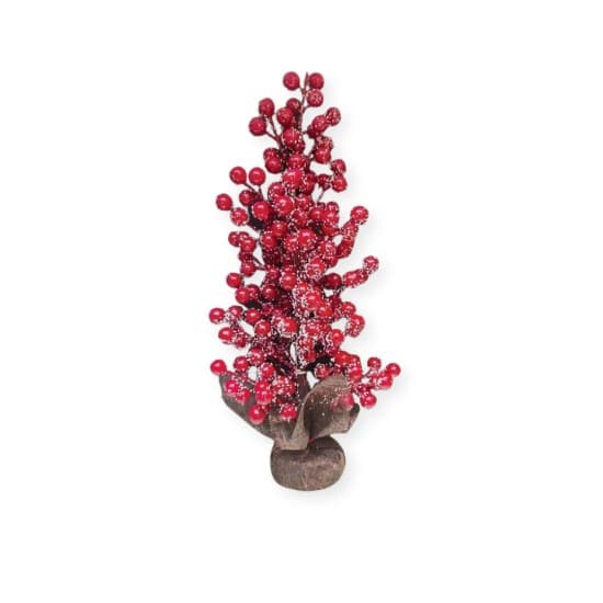 Χριστουγεννιατικο Διακοσμητικο Δεντρακι Κοκκινο Berries Χιονισμενο Βαση Λινατσα 44Cm