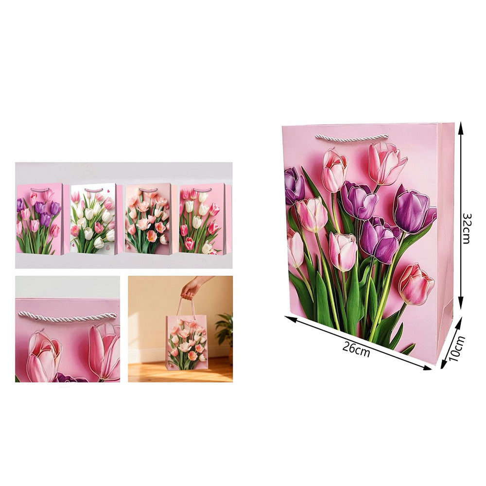 Χάρτινη Σακούλα Δώρου με Τουλίπες 32x26x10 εκ – Floral Σακούλα Δώρου (4 Σχέδια) - 1 Τμχ