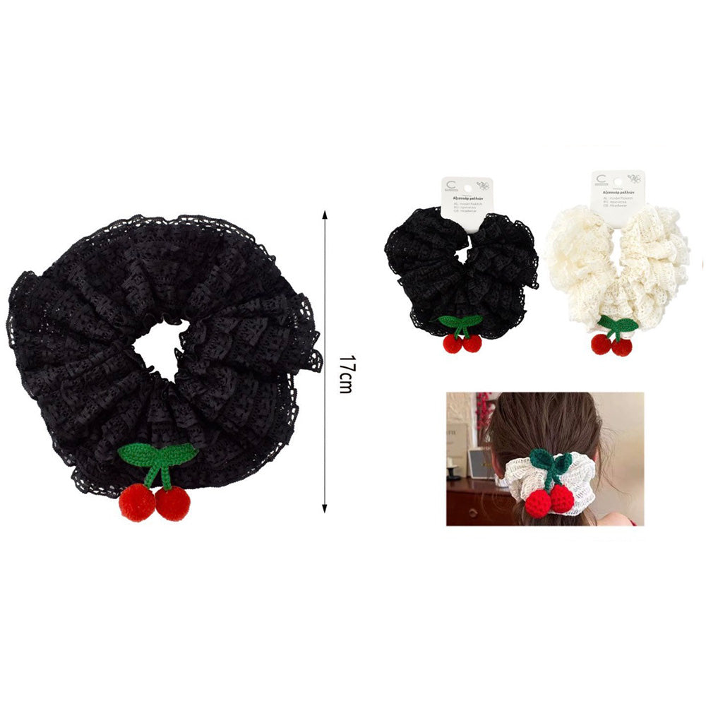 Scrunchie Μαλλιών Δαντελένιο με Διακοσμητικά Κερασάκια σε 2 Χρώματα 17 εκ - 1 Τμχ