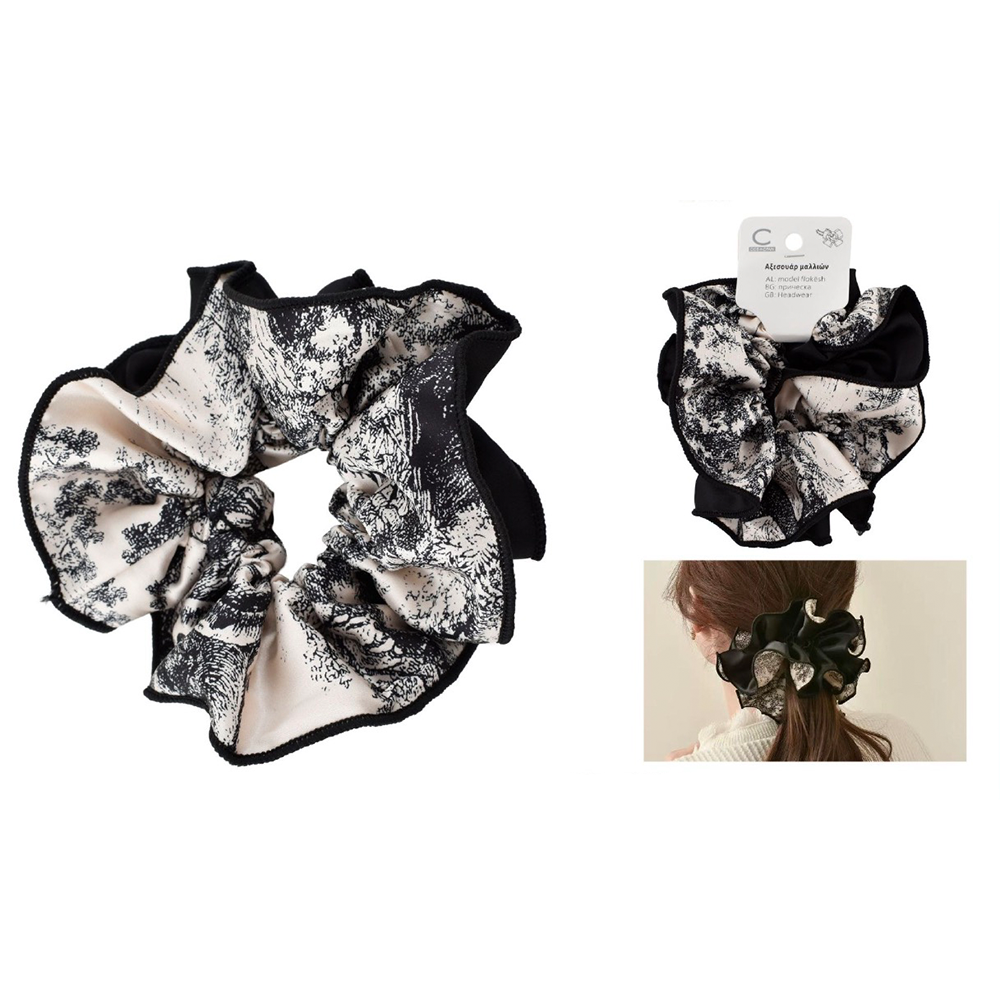 Scrunchie Λαστιχάκι Μαλλιών Σατέν Ασπρόμαυρο με Σχέδιο – 1 Τμχ
