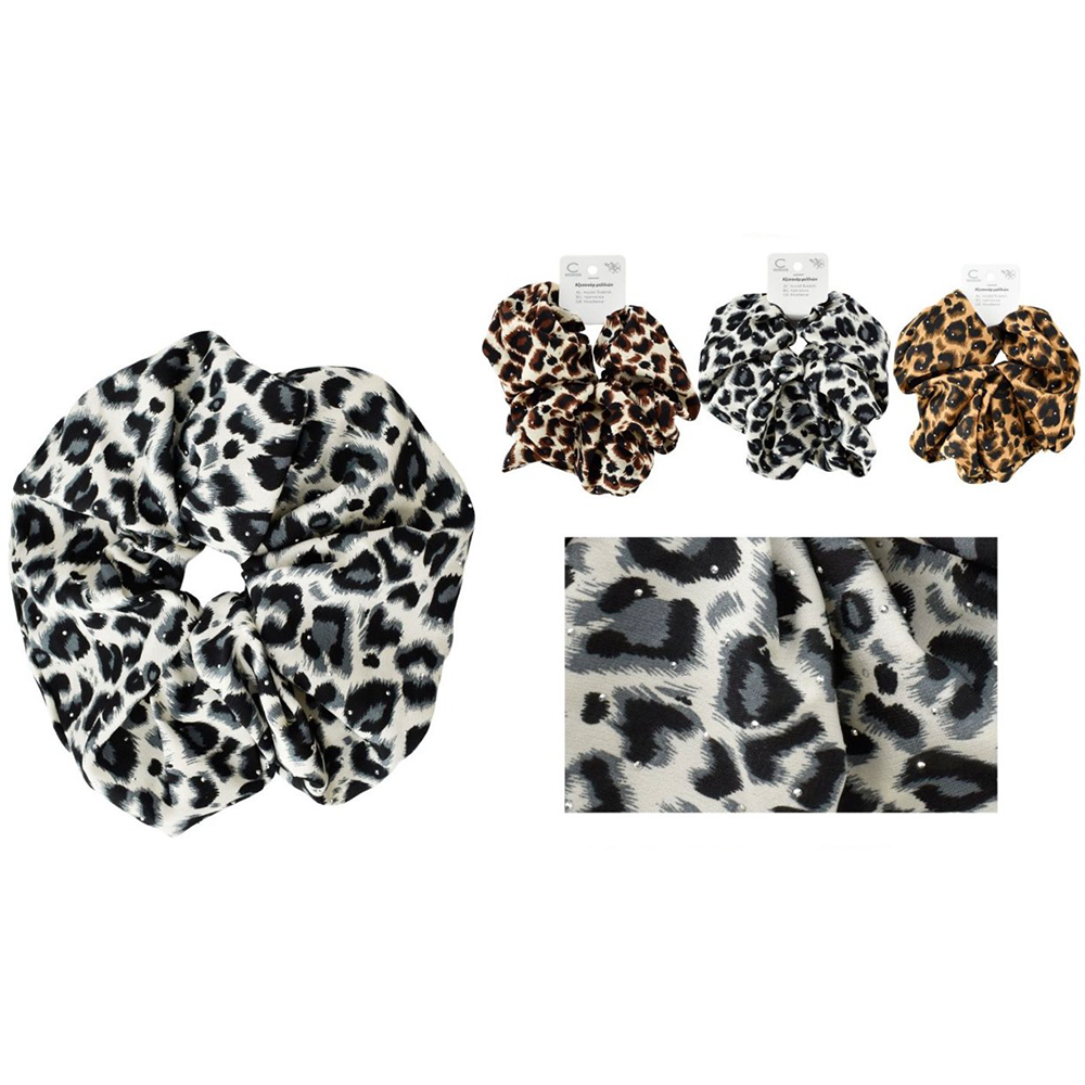 Scrunchie Λαστιχάκι Μαλλιών Σατέν Leopard με Strass σε 3 Χρώματα – 1 Τμχ