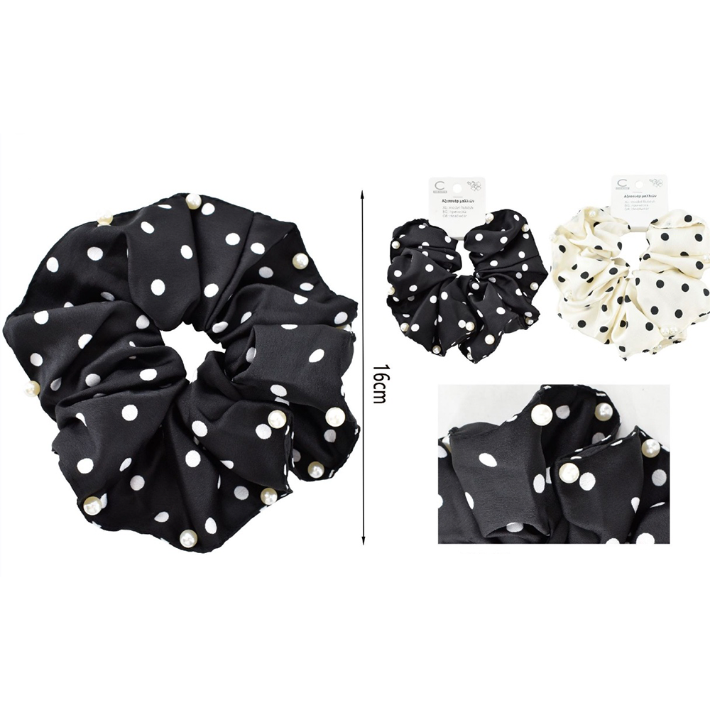 Scrunchie Λαστιχάκι Μαλλιών Σατέν Πουά με Πέρλες 16 εκ