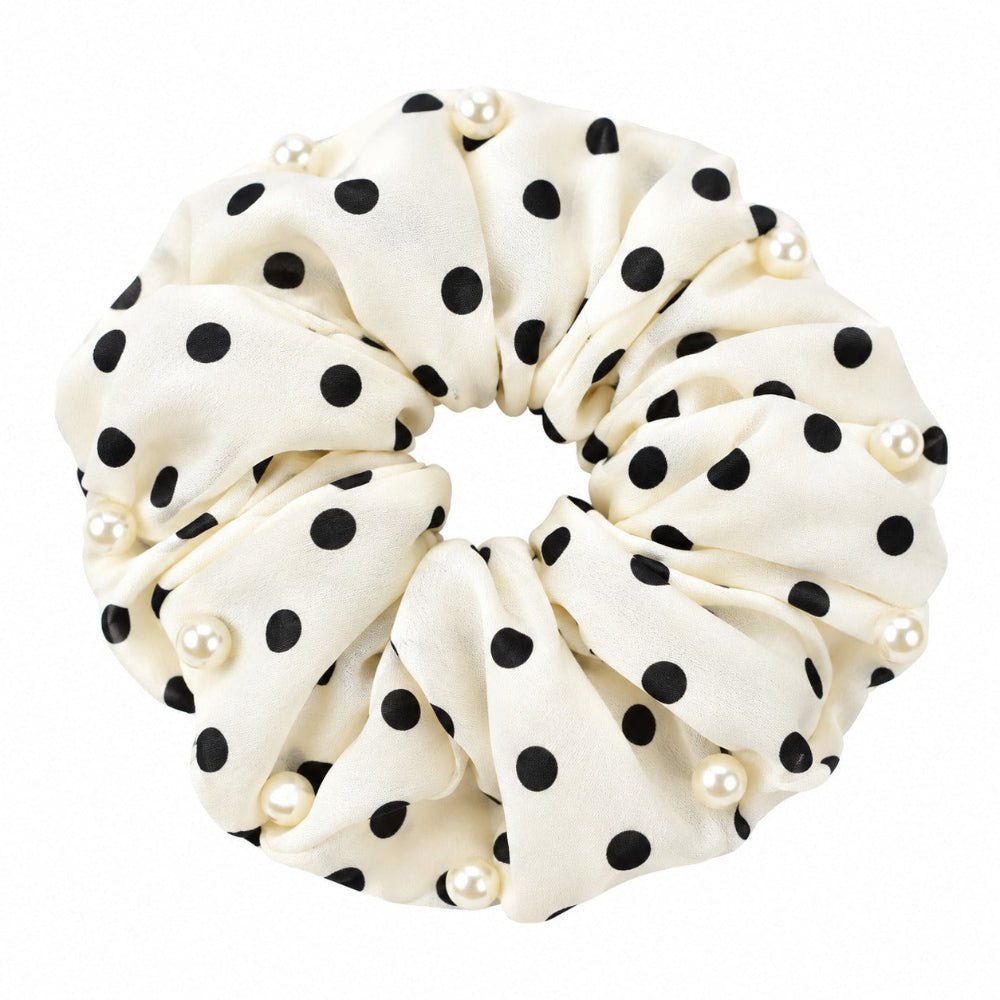Scrunchie Λαστιχάκι Μαλλιών Σατέν Πουά με Πέρλες 16 εκ