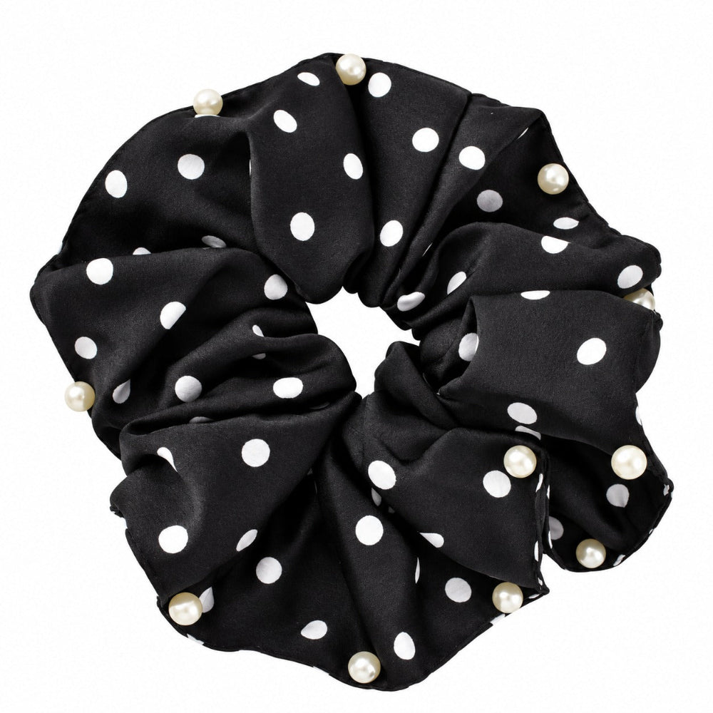 Scrunchie Λαστιχάκι Μαλλιών Σατέν Πουά με Πέρλες 16 εκ