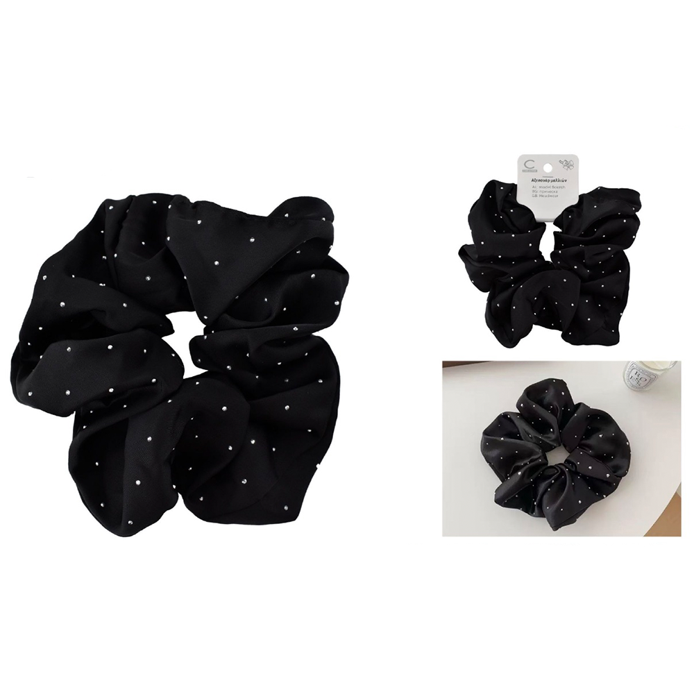 Scrunchie Λαστιχάκι Μαλλιών Σατέν με Strass Μαύρο – 1 Τμχ