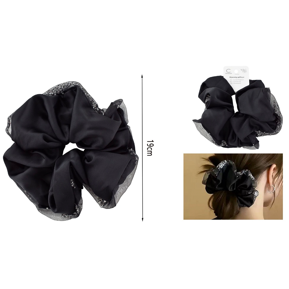 Scrunchie Λαστιχάκι Μαλλιών Σατέν με Τούλι & Παγιέτες 19 εκ Μαύρο – 1 Τμχ