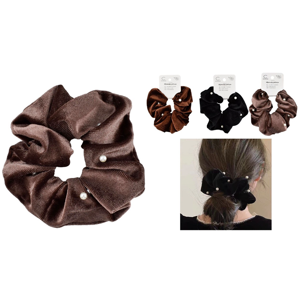 Scrunchie Λαστιχάκι Μαλλιών Βελούδινο με Πέρλες σε 3 Χρώματα – 1 Τμχ