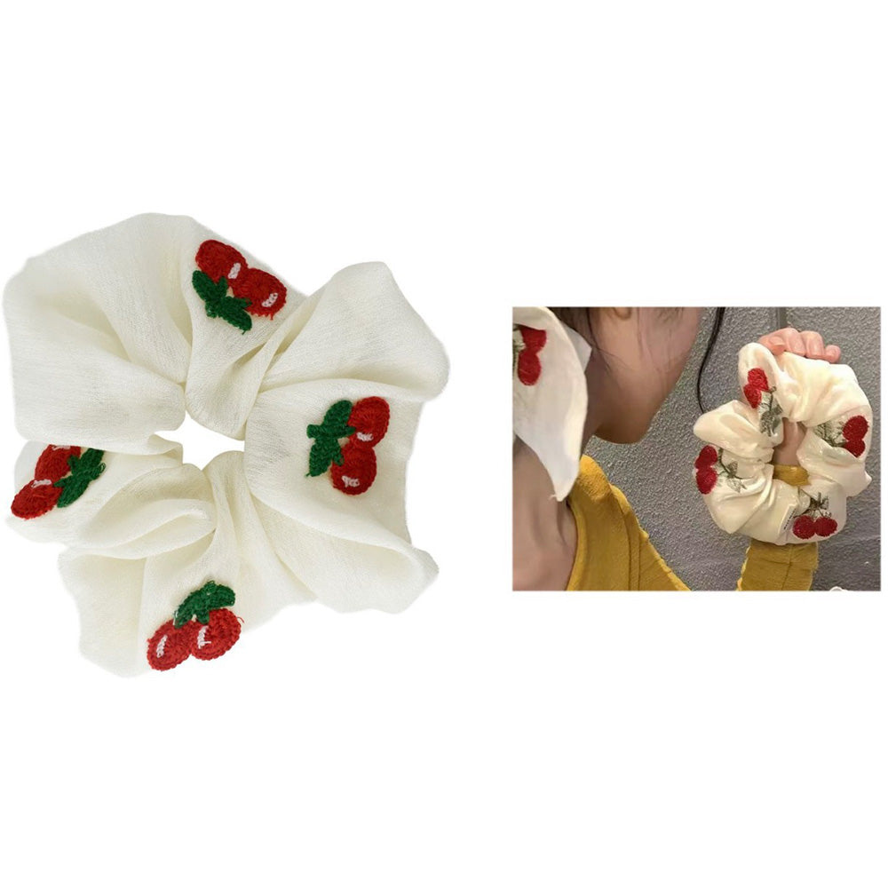 Scrunchie Μαλλιών Λευκό με Κεντημένα Κερασάκια - 1 Τμχ