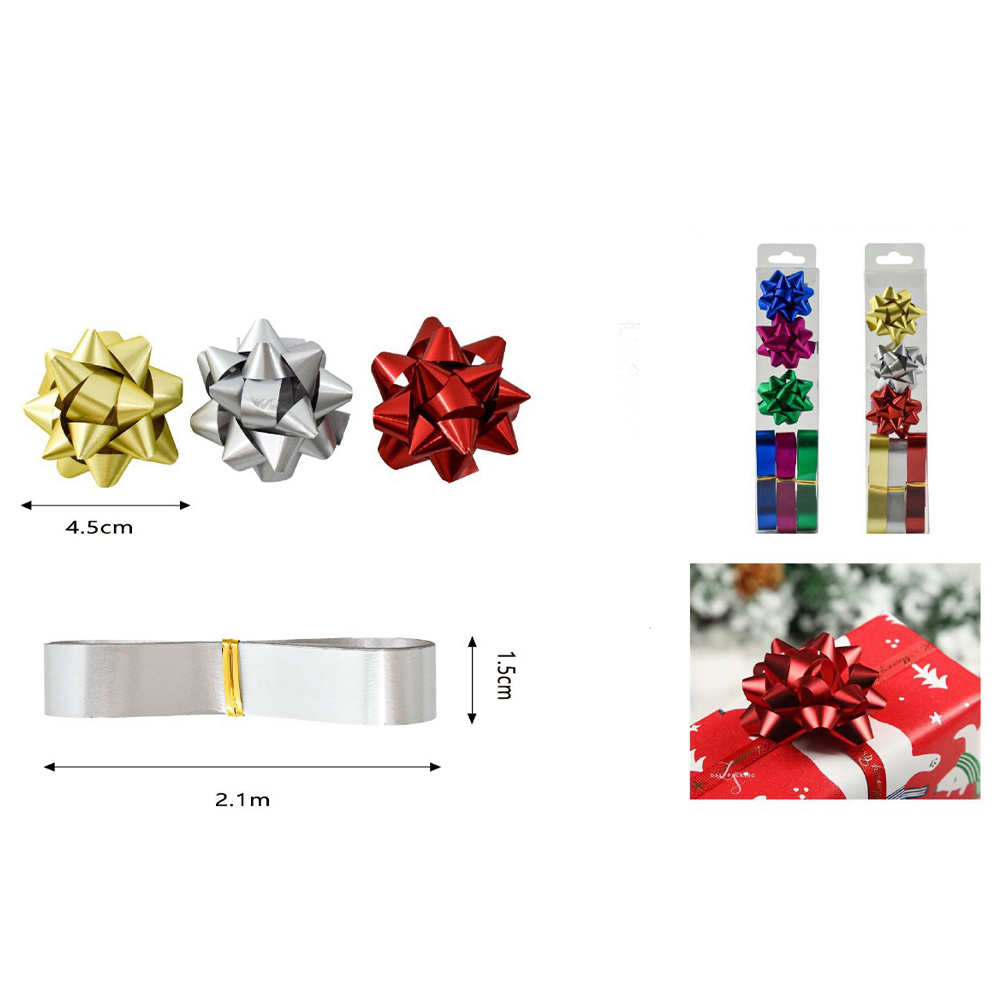 Σετ 3 Φιογκάκια Πολύχρωμά  4.5 εκ Με Κορδέλα 2,1 m Συσκευασίας Δώρου