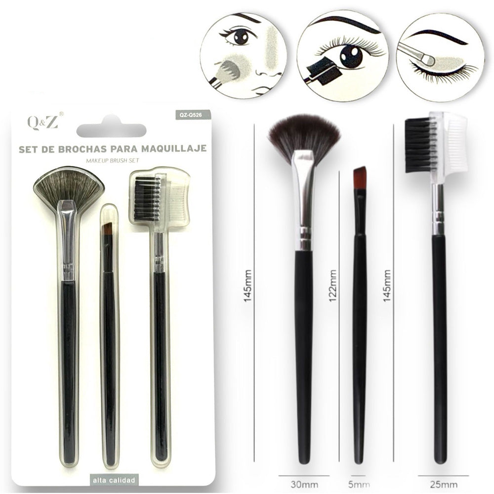 Σετ Πινέλων Μακιγιάζ 3 Τμχ– Fan, Precision & Βουρτσάκι Φρυδιών για Πρόσωπο & Μάτια