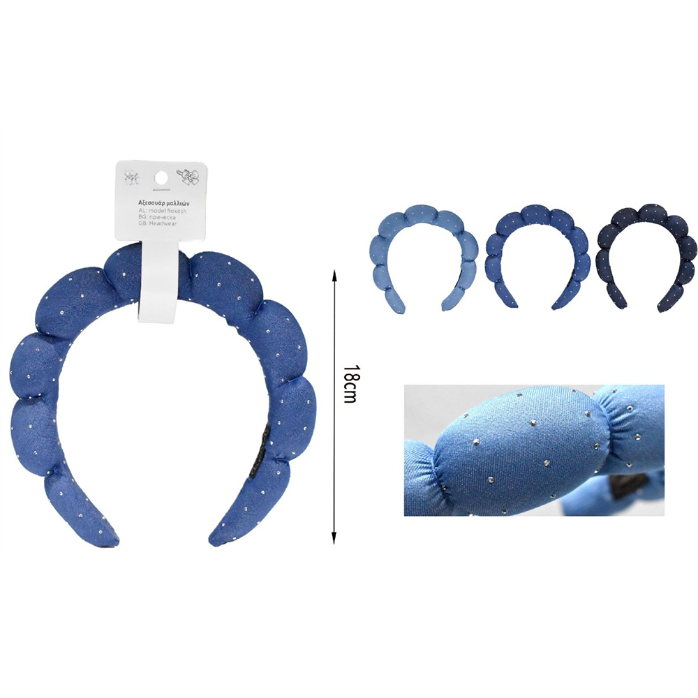 Στέκα Μαλλιών Padded με Strass 18 εκ σε 3 Μπλε Αποχρώσεις – 1 Τμχ
