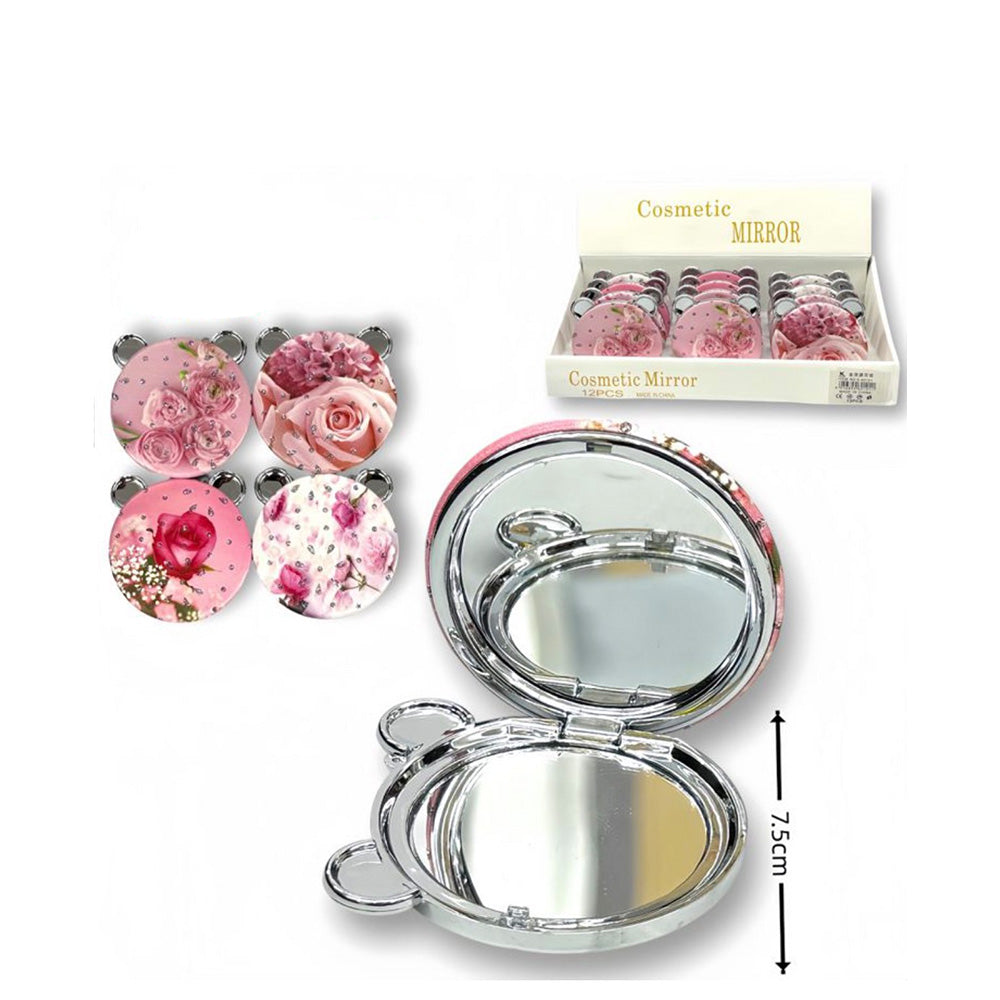 Στρόγγυλο Διπλό Καθρεφτάκι με Στρας Τριαντάφυλλα 7,5 εκ – 4 Σχέδια (1 Τμχ)
