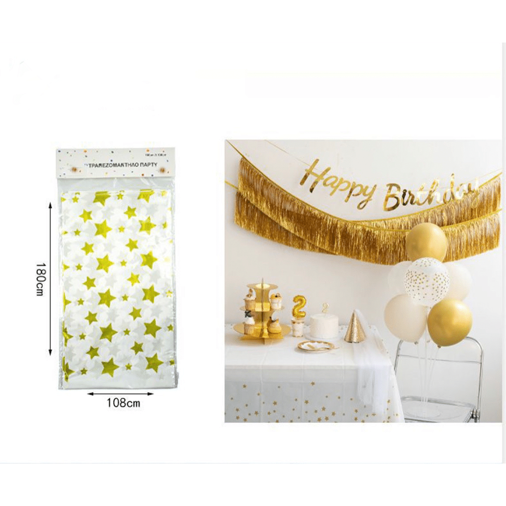 Τραπεζομαντηλο Πλαστικο Λευκο Με Χρυσα Αστερακια 180Χ108 Εκ