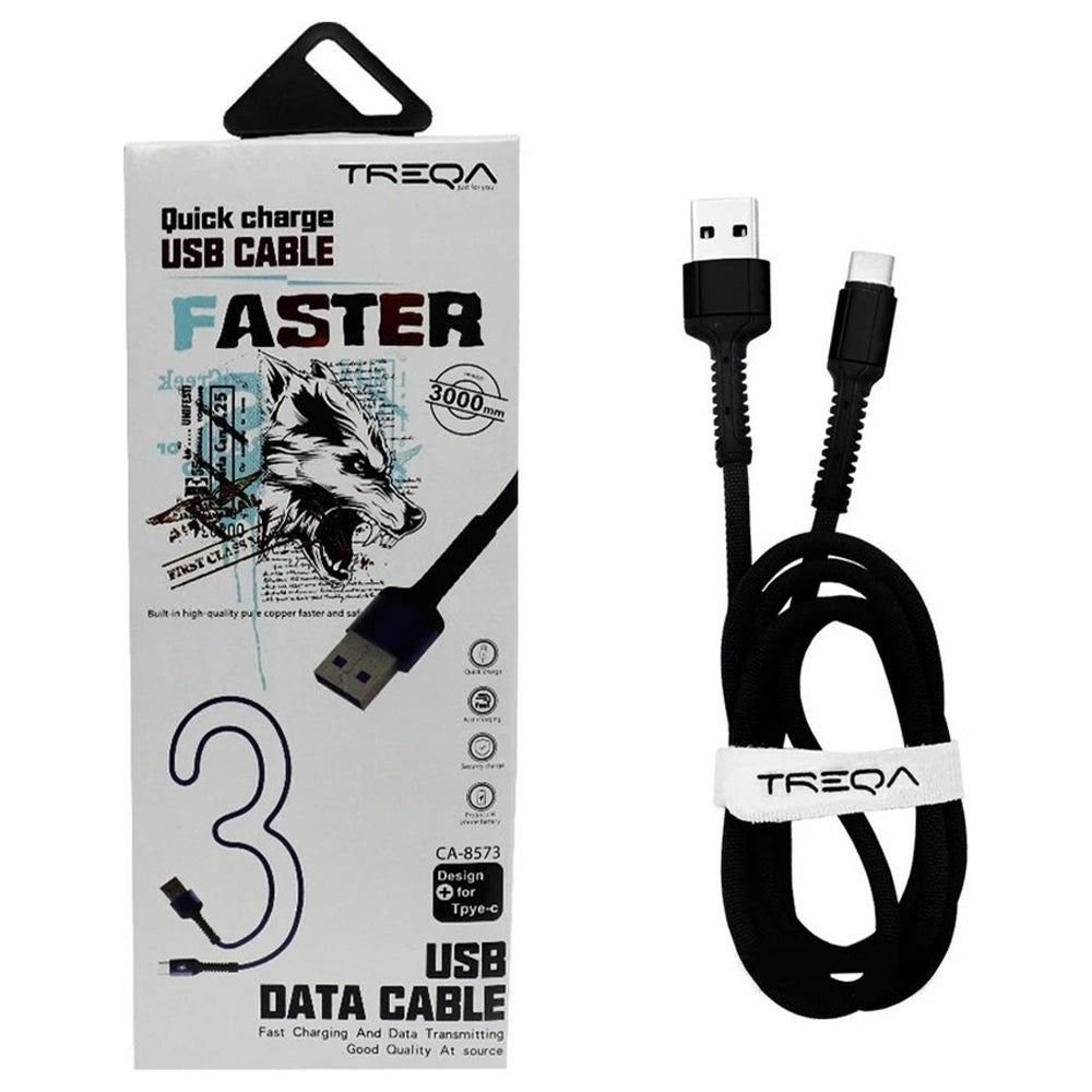 Treqa Καλώδιο Φόρτισης ΜαύροU SB-A σε USB-C 3m 